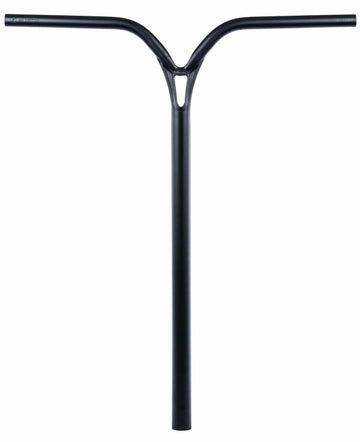 The Ethic DTC Deildegast V2 Steel Oversized HIC Stunt Scooter Bars in black (670mm x 600mm) feature a Y-shaped design with a support gusset, made from strong 4130 Chromoly Steel and shown on a white background.