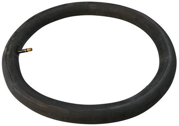 A Revvi Electric Bike Replacement Inner Tube, 16" black rubber with a metal valve stem, is shown lying flat in a circular shape on a white background.