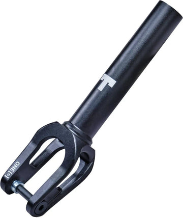 The Tilt Stage 1 SCS/HIC Stunt Scooter Fork - Black by Tilt is a lightweight T6 heat-treated 6000 series aluminium fork with a cylindrical tube, pronged base, visible branding, and bolt—ideal for upgrading your stunt scooter.
