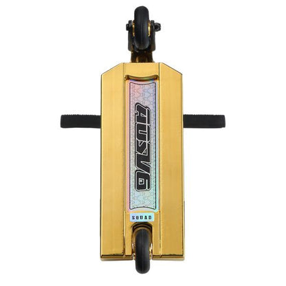 Top view of the Blunt Envy AOS V6 Finger Scooter - Gold, featuring black handlebars and wheels, a central holographic strip with "SUTRA" and geometric patterns, inspired by the signature AOS V6 design.