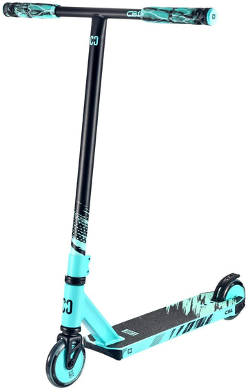 The CORE CB1 Beginner Complete Stunt Scooter by CORE comes in teal and black, featuring a sturdy T-bar handle, printed graphics, two small wheels, and a non-slip deck—ideal for beginners.
