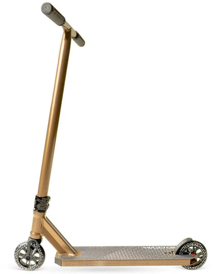 The Madd Gear Viral KAOS Complete Stunt Scooter in Ash, featuring black grips, a textured silver foot deck, and two black and silver wheels, is shown from the side against a white background.
