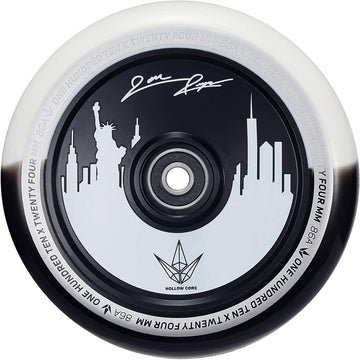 The Blunt Envy 110mm Jon Reyes Signature Hollow Core Stunt Scooter Wheel in black and white features an eye-catching skyline design, including the Statue of Liberty. It is adorned with Jon Reyes' signature and prominently displays "ONE HUNDRED TEN x TWENTY FOUR MM 86A" around the edge, reflecting the high quality of Blunt Envy Wheels.