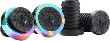 Colorful ear gauges with black tops showcasing a geometric design, ideal for fans of Blunt Envy, feature linings with a rainbow gradient. These are paired with black silicone tunnels set against a plain white background, reminiscent of the vibrant style found in Blunt Envy Halo Stunt Scooter Bar Ends - Oil Slick Neochrome.