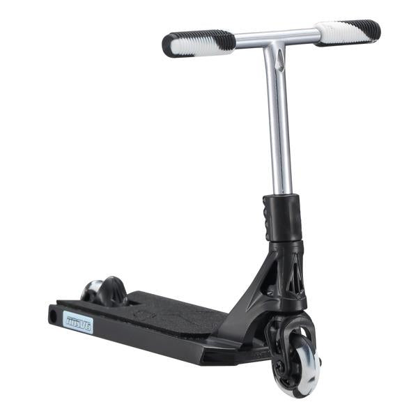 The Blunt Envy AOS V6 Finger Scooter - Black features a wide deck, two small wheels, and a straight handlebar with white grips. This miniature replica is black and silver and is angled slightly to the right.