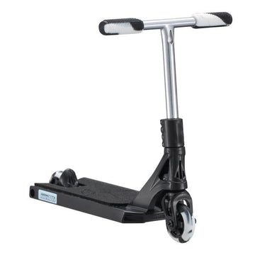 The Blunt Envy AOS V6 Finger Scooter - Black features a wide deck, two small wheels, and a straight handlebar with white grips. This miniature replica is black and silver and is angled slightly to the right.