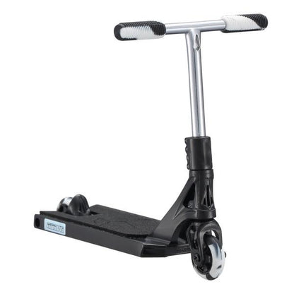 The Blunt Envy AOS V6 Finger Scooter - Black features a wide deck, two small wheels, and a straight handlebar with white grips. This miniature replica is black and silver and is angled slightly to the right.