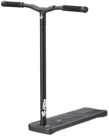The Blunt Envy TS Pro 7.5 Indoor Trampoline Stunt Scooter - Black features a stylish black finish with a wide deck and T-shaped handlebars. It includes textured grips, a detailed deck design, and prominently displays the distinctive logo on its neck. Ideal for riders who want both performance and style in one customizable scooter option.