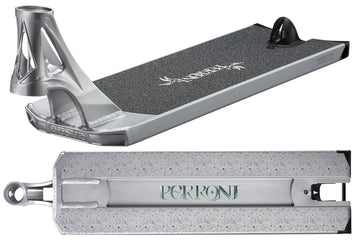 The Blunt Envy AOS V6 Jonathan Perroni Signature Stunt Scooter Deck (6.5" x 23") features a silver finish, textured black grip, Norie logo, "Jonathan Perroni Signature" and pattern on the underside, machined sides, and rear plastic brake.
