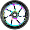 A vibrant Ethic DTC Incube V2 110mm Stunt Scooter Wheel in a rainbow iridescent finish, featuring a black tire, bearing, slim metal spokes, and "INCUBE-II" branding on the rim. This Ethic wheel blends eye-catching style with dependable performance for your scooter.