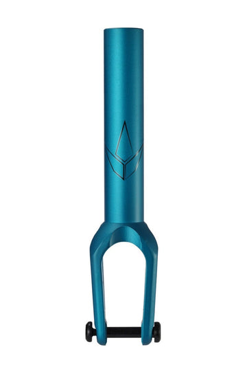 The Blunt Envy SOB V3 SCS/HIC Stunt Scooter Fork in teal features a geometric logo engraved on its cylindrical section, crafted for seamless compatibility with HIC scooter systems. The fork is displayed against a plain white background.