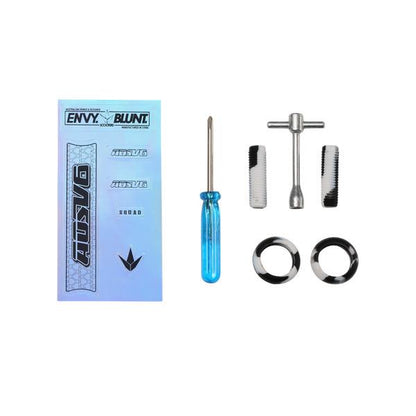Upgrade your Blunt Envy AOS V6 Finger Scooter - Gold with this replica tuning kit featuring a sticker sheet, blue-handled screwdriver, T-tool, two black-and-white grips, and clamp rings—all arranged on a white background.