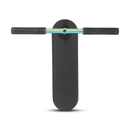 The Legacy Rebound Indoor Trampoline Scooter - Neochrome by Legacy features a rectangular base and horizontal handlebars, designed for practicing scooter tricks indoors.