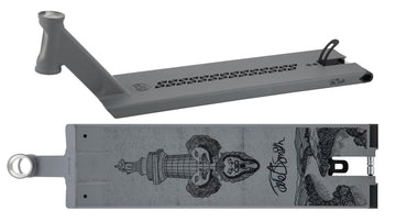 Image of the Drone Nexus 'Jake B Smith' Grey Signature Stunt Scooter Deck, featuring a detailed black design with columns, lion heads, and patterns. This 6.5" x 22" model has cutouts for weight reduction and a gripped surface, with the brand name in stylized text.