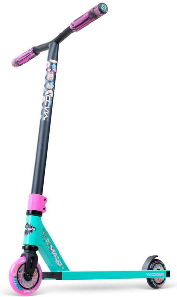 The Madd Gear MG 2 Obsidian Complete Stunt Scooter - Sugar Rush features a teal deck, pink wheels, black handlebars with pink grips, and decorative accents. Shown upright against a white background. Suitable for kids aged 5+. Brand: Madd Gear (MGP).
