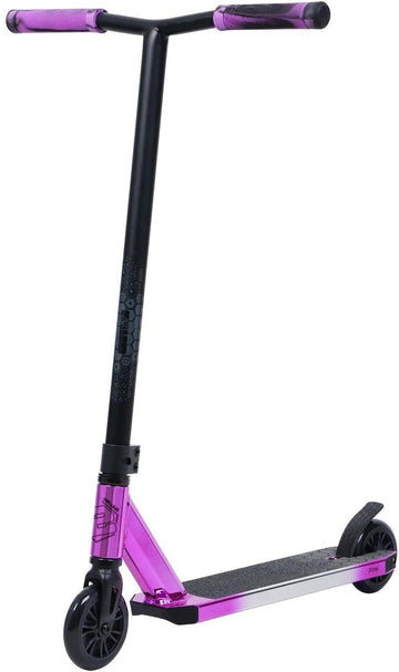 The Sullivan Antic Complete Stunt Scooter in pink, black, and silver by Sullivan features a sturdy design with T-bar handle, black grips, 110mm black wheels, and a textured deck—ideal for tricks and stunts.