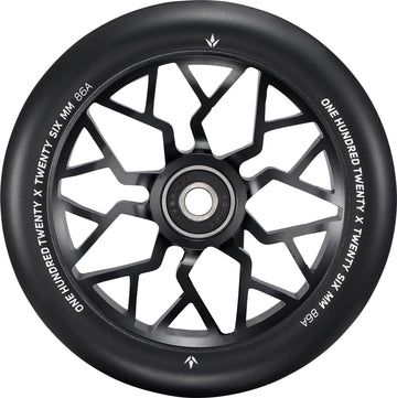 The Blunt Envy Sector 120mm Stunt Scooter Wheel in black features a geometric spoke-like center design and white rim text: "ONE HUNDRED TWENTY X TWENTY SIX MM 86A.