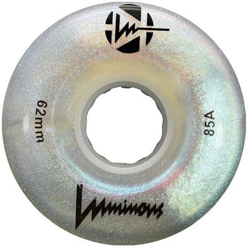 The Luminous LED 97A Quad Roller Skate Wheel in White Pearl by Luminous is a glittery, translucent 62mm wheel featuring “Luminous” branding and an iridescent finish, with a central mounting hole.