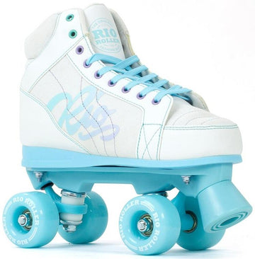 The Rio Roller Lumina Quad Roller Skates by Rio Roller feature a sturdy white PVC leather boot, light blue laces, wheels and sole, retro nylon trucks, and "Rio Roller" branding on the side's blue design.