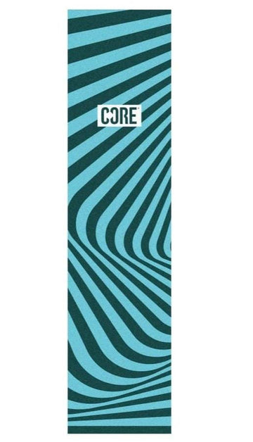 The CORE Stunt Scooter Griptape - Vibe Teal by CORE features a rectangular shape, a white "CORE" logo at the top, and a teal and black wavy optical illusion pattern.