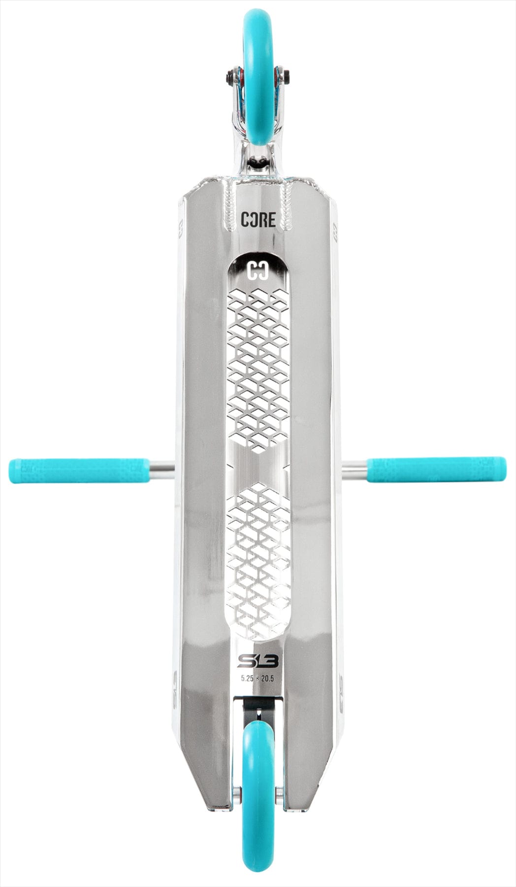 The CORE SL3 Complete Stunt Scooter - Chrome / Teal by CORE is shown from above, highlighting its metal deck with grip pattern, teal handlebar grips, and teal wheels on this lightweight scooter.