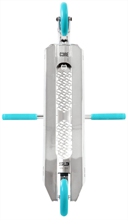 The CORE SL3 Complete Stunt Scooter - Chrome / Teal by CORE is shown from above, highlighting its metal deck with grip pattern, teal handlebar grips, and teal wheels on this lightweight scooter.