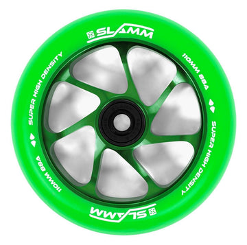 The Slamm Team 110mm Stunt Scooter Wheel in green features black bearings, six silver spokes, “Super High Density” and “110mm BBA” in white on the rim, and high-rebound PU for superior performance.