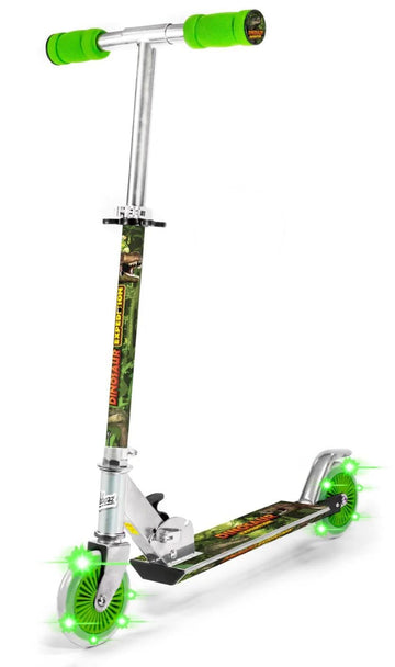 The Ozbozz Dinosaur Expedition Light Up Foldable Kids Kick Scooter in silver and green features green foam handlebars, green light-up wheels, a dinosaur-themed deck, and "Dinosaur Scooter" printed on the stem.