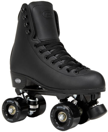 A Rookie Artistic Quad Roller Skate in black by Rookie, featuring a high vegan leather boot, black laces, black wheels, and ABEC-7 bearings, is shown against a white background.