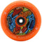The Root Industries x KOTA Limited Edition AIR 110mm Stunt Scooter Wheel in orange features colorful abstract artwork with faces and patterns on the inner core, centered around a black bearing.