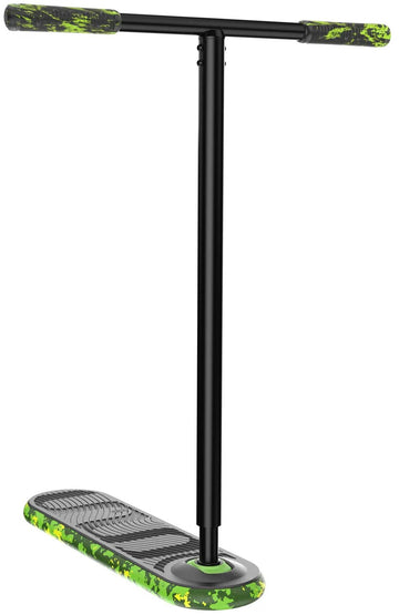 The INDO Pro V2 Indoor Trampoline Stunt Scooter - Green Mamba features a wide footboard, vertical handlebar, and camouflage-patterned grips and deck in black and green, shown upright against a white background.