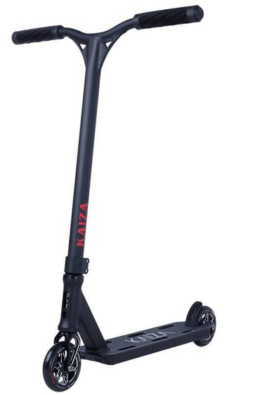 A lightweight Longway Kaiza Complete Pro Stunt Scooter – Black, with a T-shaped handlebar and small black wheels, features the Longway name in red on the neck and white on the deck—ideal for skatepark tricks.