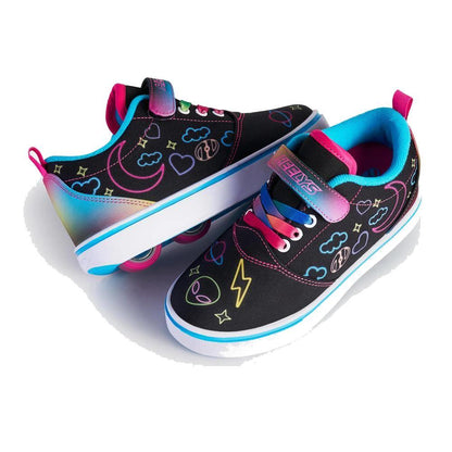 The Heelys Pro 20 Prints X2 Girls Shoes by Heelys feature black uppers with hot pink and multi-color accents, blue soles, and rainbow laces—stylish wheeled sneakers perfect for kids who love fun on the go.
