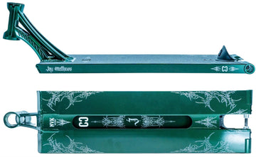 The CORE ST3 Forged Green J.Matthews Signature Street Stunt Scooter Deck (6.5" x 22.5") by CORE features a green, wide deck with white graphics, an angular open neck, center cutout on the bottom, and detailed decorative accents.