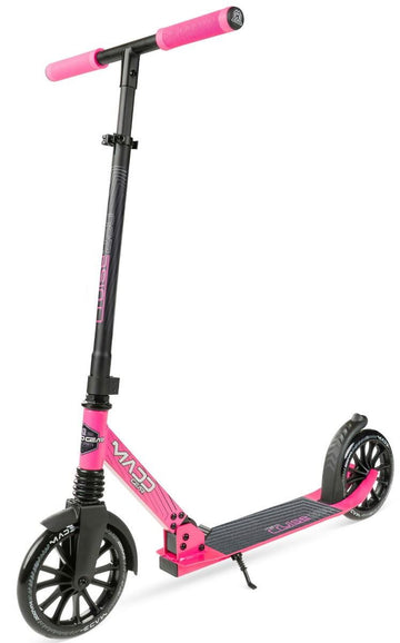 The Madd Gear (MGP) Metro Cruise 250 Foldable Commuter Scooter in black and pink features large wheels, a textured footboard, a black handlebar stem, and pink handles, shown upright against a white background.