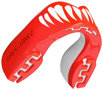 The Safejawz Extro Series Protection Mouthguard - Viper features a red and white design with jagged white teeth graphics and the SAFEJAWZ logo embossed on the side.