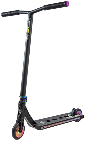 The CORE CL1 Complete Stunt Scooter by CORE features a black and neochrome finish, a wide T-bar handle, deck with circular cutouts and graphics, plus small colorful wheels—ideal for tricks and perfect as a skatepark scooter.