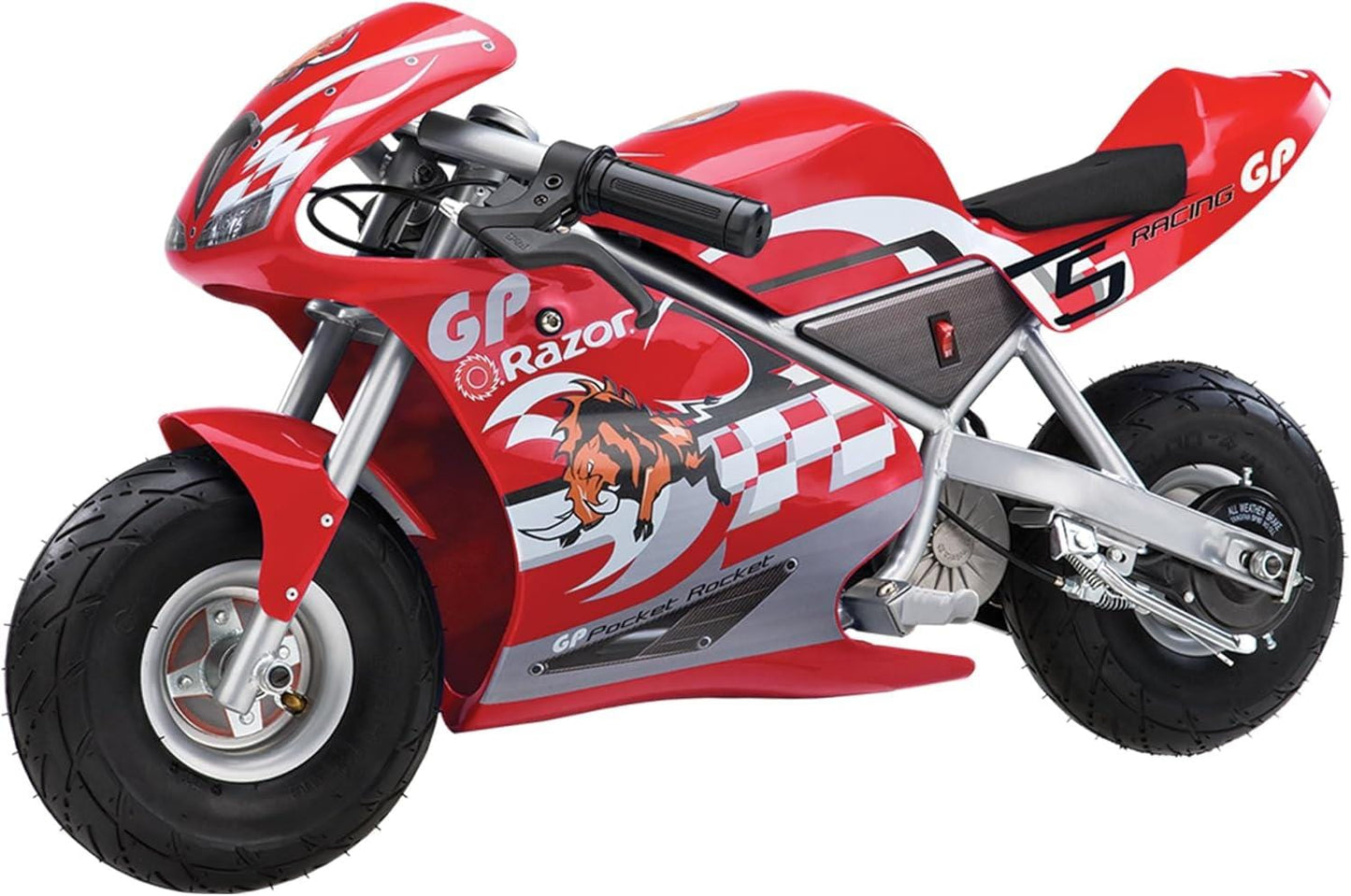 The Razor Pocket Rocket Electric Bike - Red features black tires, race-inspired checkered patterns, a stylized tiger graphic, and the "Razor" logo on its red and silver body.