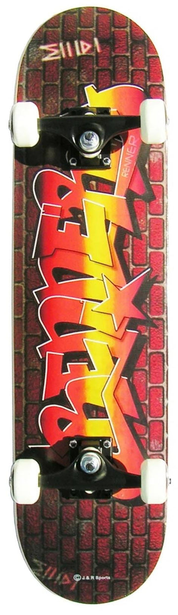 The Renner A17 Graffiti Wall Complete Skateboard (7.75" x 31") is perfect for beginners, featuring a durable 9-ply maple deck, bold graffiti-style graphics, white wheels, and a striking red brick wall design.