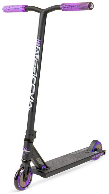 The Madd Gear MG 3 Zen Complete Stunt Scooter in Black/Lavender features lavender grips and wheels, white Madd Gear branding, and is perfect for riders seeking a high-quality pro scooter. Shown against a white background.