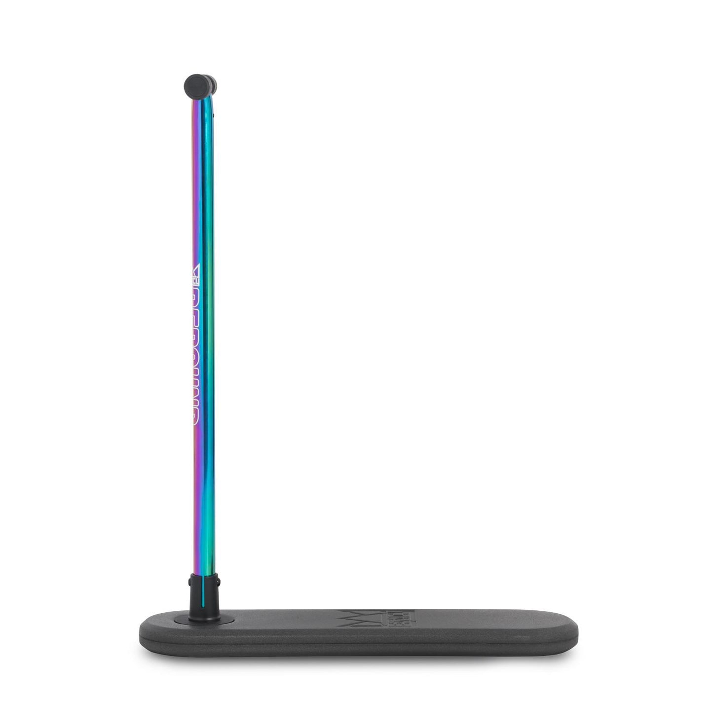 The Legacy Rebound Indoor Trampoline Scooter - Neochrome by Legacy stands upright with its neochrome bar and round black tip on a flat black base, resembling a scooter, against a white background.