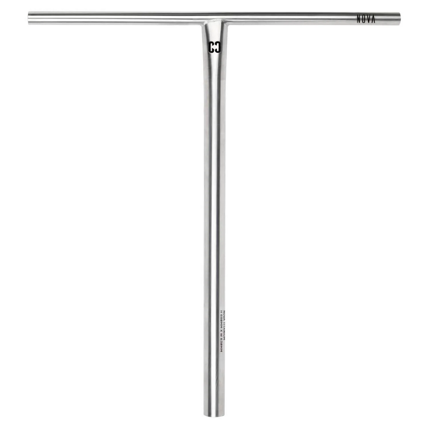 The CORE Nova V2 Titanium Oversized HIC Stunt Scooter Bar (Raw, 630mm x 610mm) is a T-shaped silver metal handlebar with a small center logo and "CORE" on the end, designed for riders seeking premium quality. Shown on a white background.