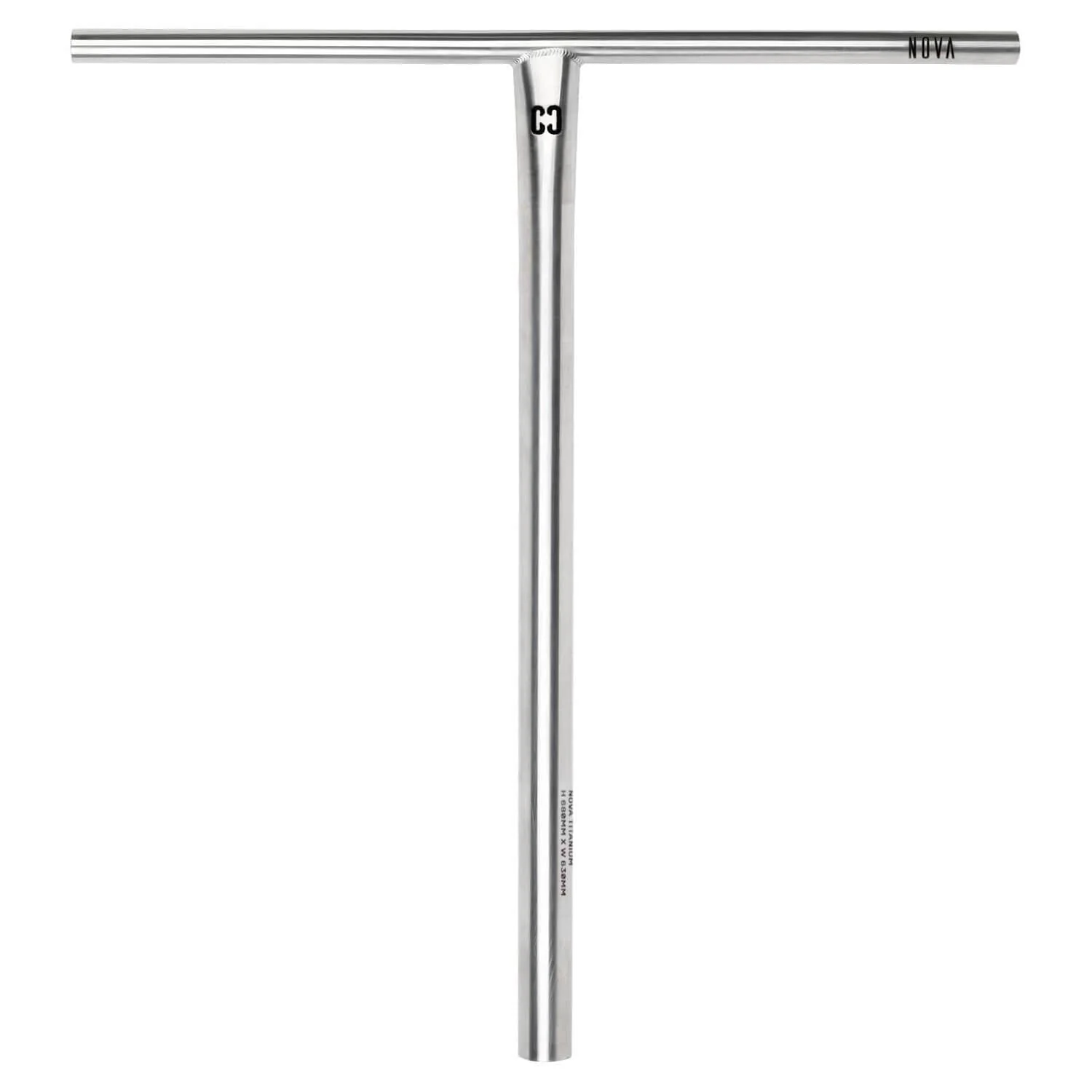 The CORE Nova V2 Titanium Oversized HIC Stunt Scooter Bar (Raw, 630mm x 610mm) is a T-shaped silver metal handlebar with a small center logo and "CORE" on the end, designed for riders seeking premium quality. Shown on a white background.