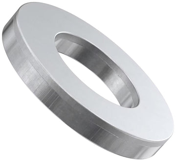 The Universal Scooter Wheel Axle Spacer - 1.8mm by Universal is a silver metallic washer with a smooth finish and central hole, shown angled on white—perfect as a universal scooter axle spacer or for stunt scooter bearings.