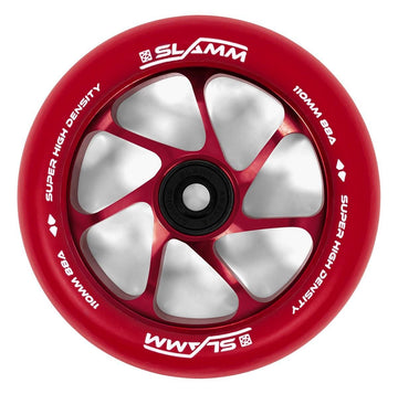 Slamm Team 110mm Stunt Scooter Wheel - Red / Red by Slamm features a premium aluminium core, black hub, silver spokes, and high-rebound PU with white "SUPER HIGH DENSITY 110mm 88A" text for a sleek, modern look.