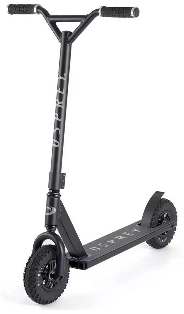 The Osprey Complete Dirt Scooter - Black features wide treaded pneumatic wheels, a sturdy deck, and rubber-grip handlebars. Branded "OSPREY" on the frame and deck, it’s ideal for off-road riding.