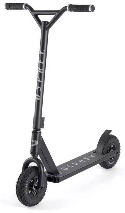 The Osprey Complete Dirt Scooter - Black features wide treaded pneumatic wheels, a sturdy deck, and rubber-grip handlebars. Branded "OSPREY" on the frame and deck, it’s ideal for off-road riding.