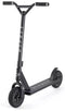 The Osprey Complete Dirt Scooter - Black features wide treaded pneumatic wheels, a sturdy deck, and rubber-grip handlebars. Branded "OSPREY" on the frame and deck, it’s ideal for off-road riding.