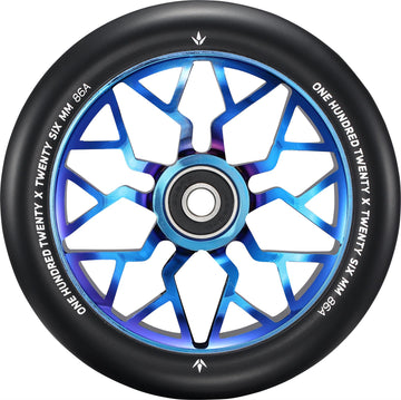 The Blunt Envy Sector 120mm Stunt Scooter Wheel - Burnt Pipe features a blue and black geometric, star-shaped spoke design with a black rim marked “ONE HUNDRED TWENTY X TWENTY SIX MM 86A.” Perfect for Prodigy X ONE scooters.