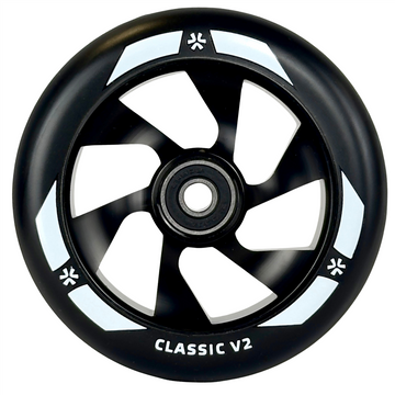The Union Classic V2 110mm Stunt Scooter Wheel in black features five spokes, white geometric accents, and "CLASSIC V2" on the rim—a lightweight wheel from Union designed for both performance and style.
